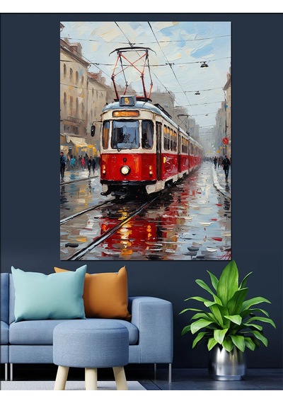 Kırmızı Tramvay Şehir İçi Dekoratif Kanvas - Mdf Ahşap Tablo