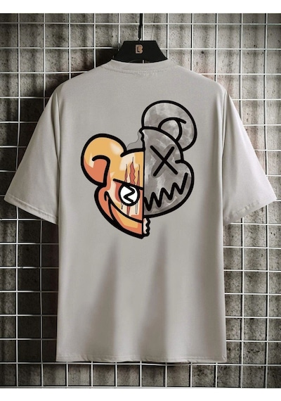 Flood Of Style Gri Men Cartoon Baskılı Bisiklet Yaka Tshirt