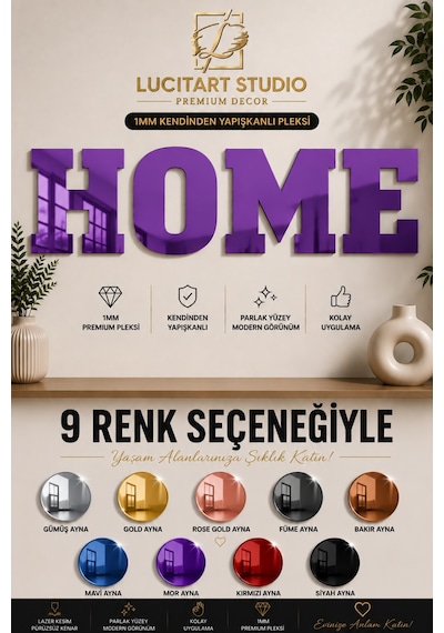 Studio Home Dekoratif Duvar Yazısı 1 Mm Kendinden Yapışkanlı Aynalı Pleksi 9 Renk Seçeneği Mor