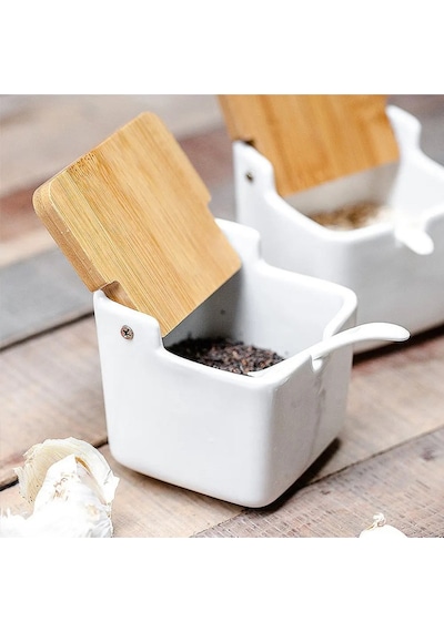 Bambu Kapaklı Porselen Kaşıklı Tuz Kabı Düz 1 Adet 250 Ml 9 9 8,6 Cm Gnl Kahverengi - Şeffaf