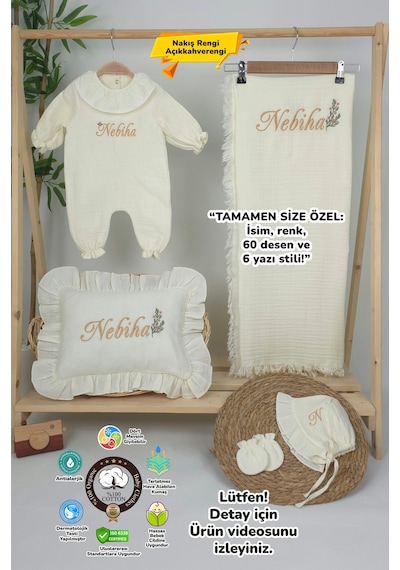 Gros Shop Müslin Yeni Doğan 4katlı Organik %100pamuk Kişiye Özgü Nakışlı Hastane Çıkış Seti Dallı Papatya Ekru