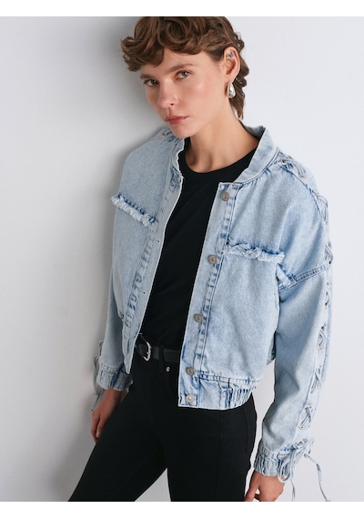 Dilvin 65367 Kolları Zımbalı Bomber Denim Mont-mavi Mavi