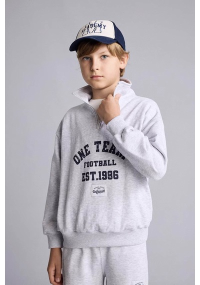 Defacto Regular Fıt Dik Yaka Pamuklu Baskılı Gri Erkek Çocuk Sweatshirt H9892a8/gr400