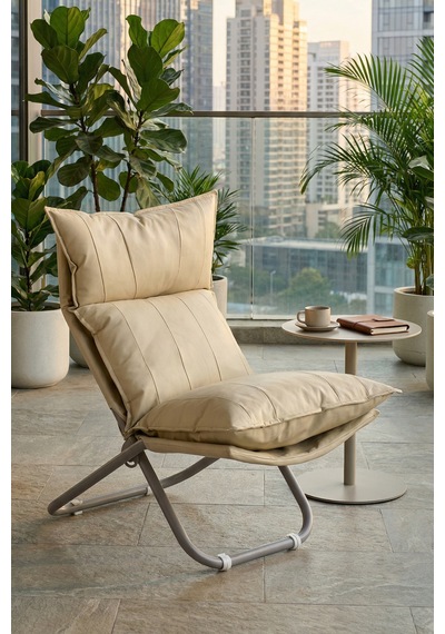 Lumis Garden Prestij Katlanabilir Deri Lounge Koltuğu Çıkarılabilir Kılıf, Modern Metal İskelet Bej