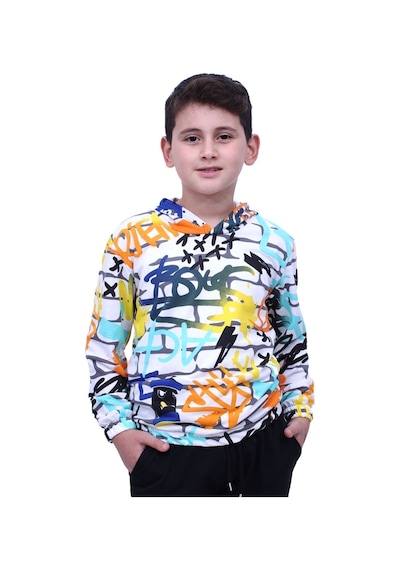 Fyk Kids Kapüşonlu Desenli Unisex Sweatshirt 2 İplik Beyaz