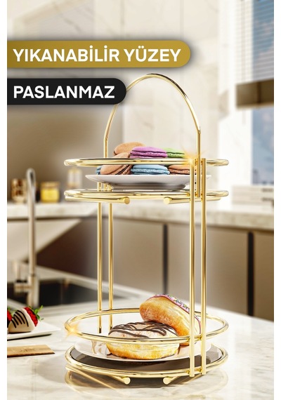 Bino 2 Katlı Lüks Kurabiyelik Servis Sunum Organizeri 40 CM Altın