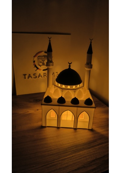 Çift Minareli Cami Modeli Tealiğht Mum İle Gönderim