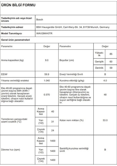 Bosch WAV28KH0TR 1400 Devir 9 KG Çamaşır Makinesi