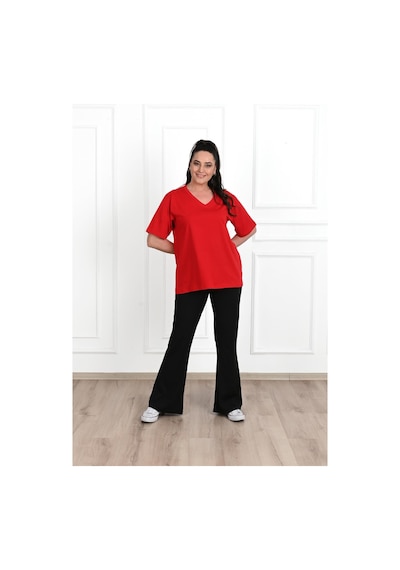Kadın V Yaka Basic Büyük Beden T-shirt 1297-22 001