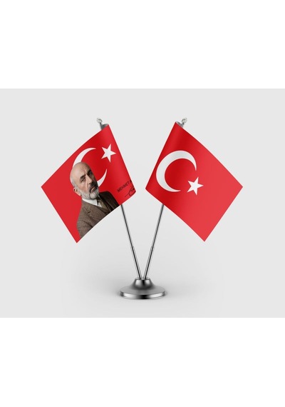Mehmet Akif Ersoy Ve Türk Bayrağı İkili Saten Masa Bayrağı Takımı Diğer
