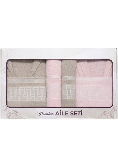 6 Parça Aile Bornoz Seti Yüksek Emici, Dayanıklı & Yumuşak Doku, %70 Pamuk %30 Polyester Pembe
