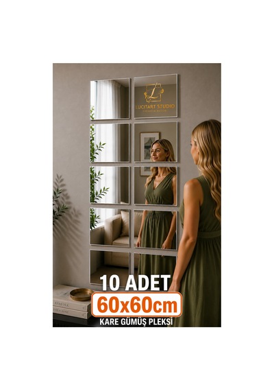 10 Adet 60x60cm Kare Gümüş Pleksi Ayna Kendinden Yapışkanlı Dekoratif Duvar Aynası Seti Kendinden Yapışkanlı Duvar Dekoru Gümüş