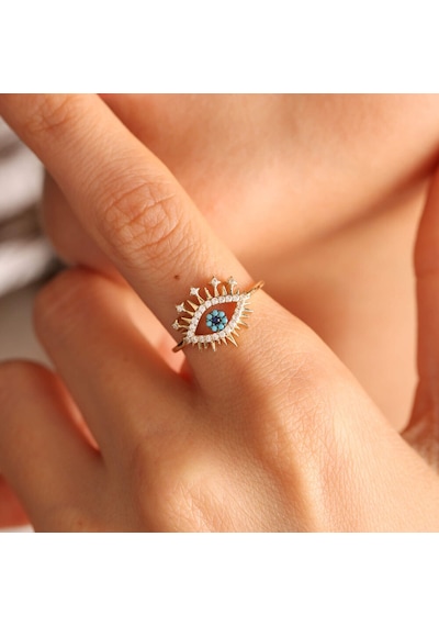 Sembolgold 14 Ayar Özel Tasarım Altın Evil Eye Yüzük Firuzeli T10990 Renkli