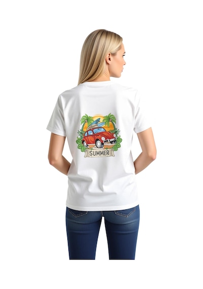 Paybuy Yaz Retro Beetle Sörf Tasarımı Baskılı Kadın Tişört Beyaz