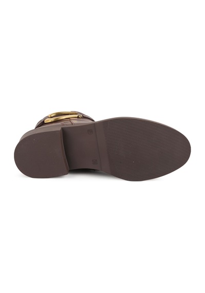 Mamma Mia Mammamia Kadın Bot 26k-8595 Kahverengi Hakiki Deri Bilek Kemerli Gold Metal Toka Detaylı Yan Fermuarlı Rahat Alçak Blok Topuk Kışlık Comfort Bootie Kahve