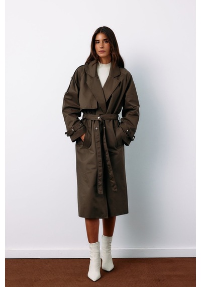 Sateen Kuşaklı Uzun Trençkot - Haki-135125 Haki