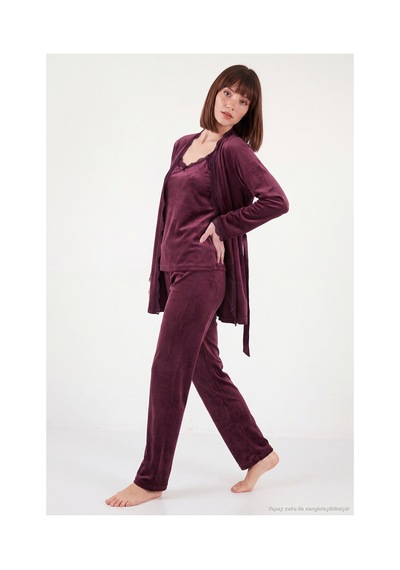 Lela Regular Fit Dantelli Yumuşak Dokulu Sabahlıklı Kadife Pijama Takımı Kadın Pijama Takımı 6095545 Mürdüm MÜRDÜM