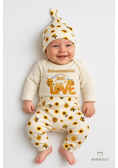 Babyden's Babaannesinin Balı 3 Lü Yenidoğan Takım Pamuklu Uzunkol Body,çiçek Arı Desenli Pantolon,bere Ekru
