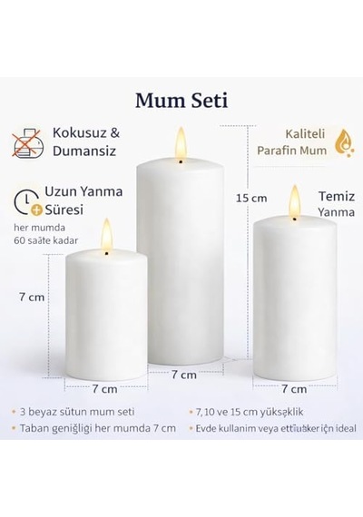 3 Lü Silindir Blok Mum Seti, Beyaz Dekoratif Sütun Mumlar, İçten Yanan Fitil, 7 Cm Çap, 7,10,15 Cm Yükseklik, Ev Dekorasyonu, Masa Ve Özel Gün Süsleme Mum Seti 50 x 22