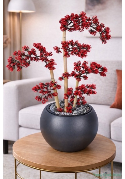 Yapay Çiçek Sitesi Antrasit Küre Saksıda Modern Minimal Tasarım Yapay Bonsai Ağacı Kırmızı 65 Cm