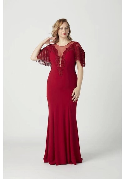 Moda Berray 8009 Işlemeli Püsküllü Büyük Beden Uzun Abiye Kırmızı Kırmızı