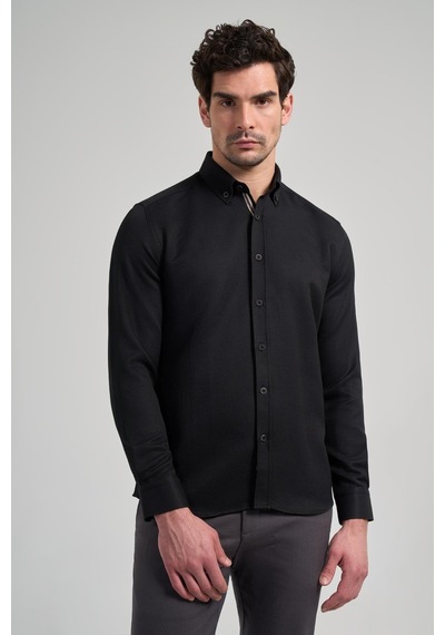 İmza Uzun Kol Desenli Armürlü Düğmeli Yaka Cepsiz Pamuklu Casual Slim Fit Gömlek 1004250206 Siyah İmza Uzun Kol Desenli Armürlü Düğmeli Yaka Cepsiz Pamuklu Casual Slim Fit Gömlek 1004250206 Siyah