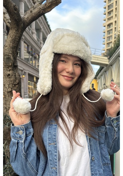 Mollycrush Genç Beyaz Peluş Pilot Şapka Uniseks Kışlık Ushanka Tarzı Bej