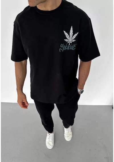 Modi Unisex Bisiklet Yaka Baskılı Oversize T-shirt - Siyah - Mymg106752