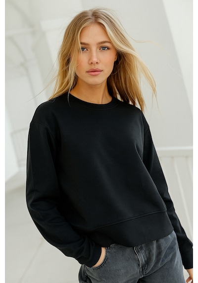 Kadın Siyah Pamuklu İnterlock Oversize Sweatshirt Siyah