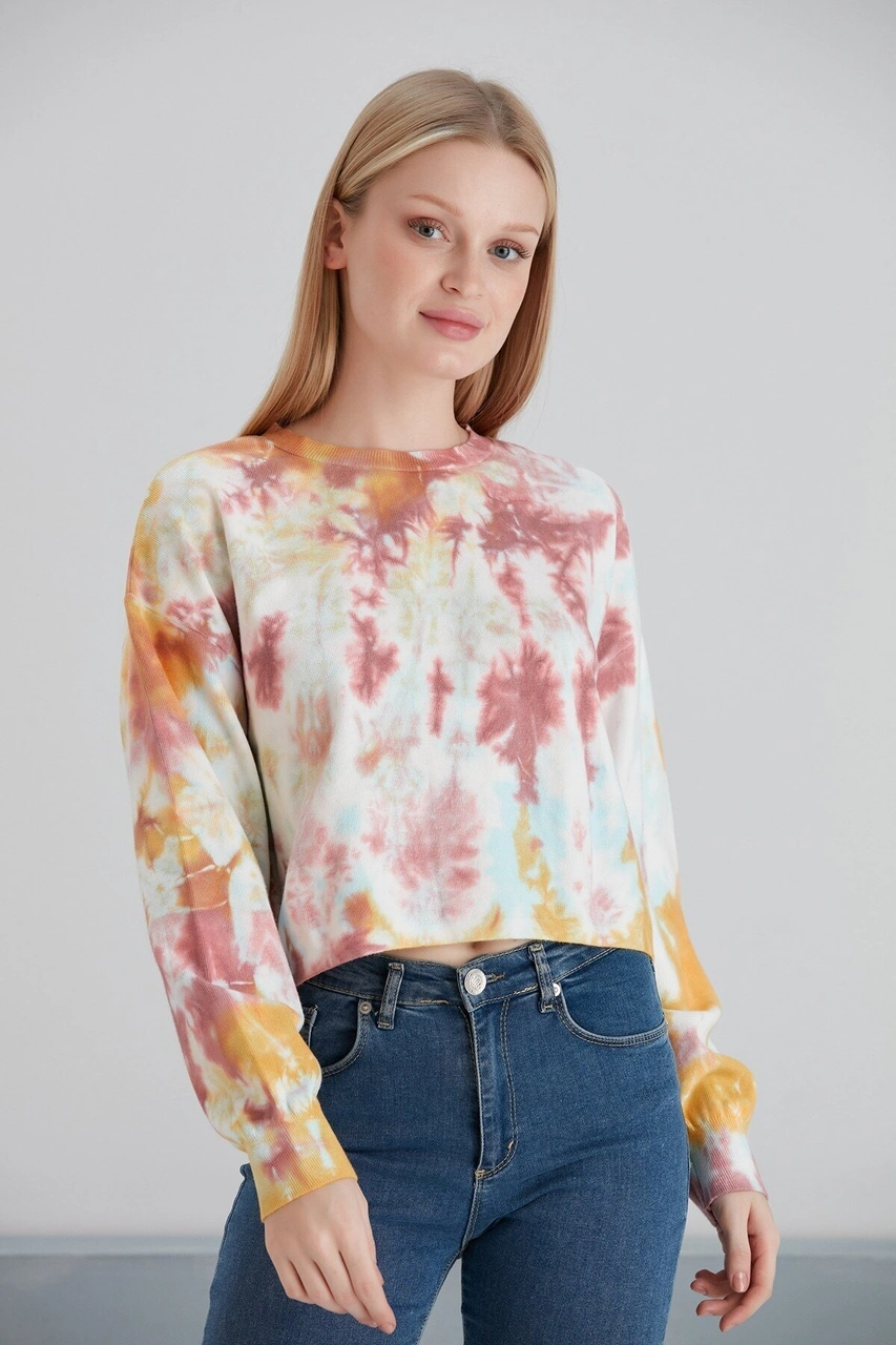 Mamayaga Kadın Batik Desen Crop Boy Sarı Pembe Bej Triko Kazak Pembe
