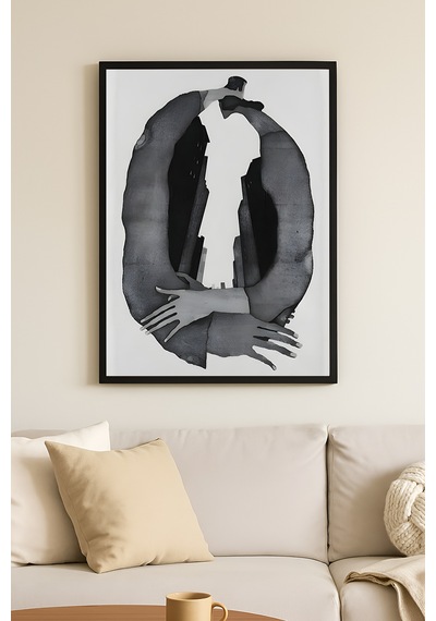 Brush Echo Siyah Ahşap Çerçeveli Poster, Dekoratif Soyut Monokrom Duvar Tablosu