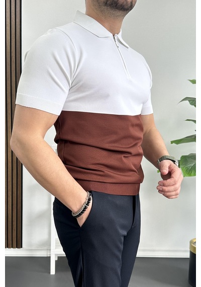 Erkek Renk Bloklu Polo Yaka Yarım Fermuarlı Tişört Kiremit Edw234 KIREMIT