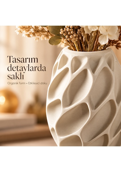Yaprak Desenli Dekoratif Vazo 20 Cm Kuru Ve Yapay Çiçek Vazosu Krem