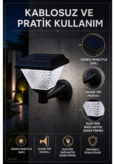 Astec Kristal Solar Led Duvar Aplik 30w 6400k Beyaz Işık Ip64 Dış Mekân Bahçe Duvar Aydınlatma Prizmatik