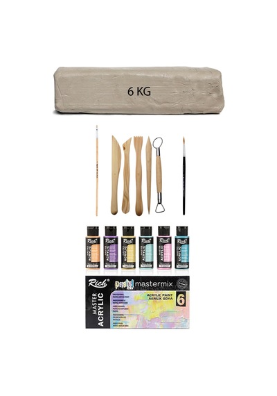 Beyaz Seramik Hamuru 6 Kg Rich Master Mix Pastel Akrilik Set 6lı 60 Cc Ebeşuar Seti Seramik Seti
