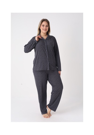 Estiva Kadın Yıldız Desenli Lacivert Önden Düğmeli Soft Battal Pijama Takımı Çok renkli