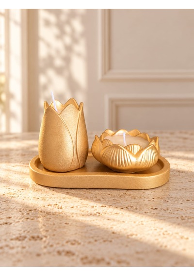 Altın Renk Lale Ve Lotus Çiçeği Mumluk Seti, 2 Li Dekoratif Polyester Mumluk Ve Oval Tepsi