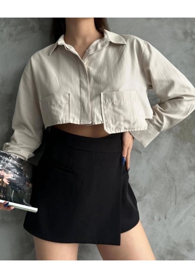 Defymoda Poplin Crop Gömlek Bej S3060 Bej