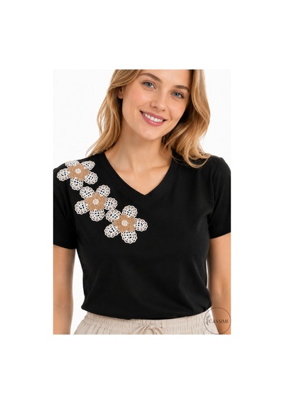 Cassime Kadın Siyah %100 Pamuk Regular/normal Kalıp Çiçek Nakışlı Örme T-shirt