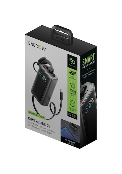 Energea Compac Arc 45 Dijital Göstergeli 10.000 Mah Dahili Type-c Kablolu 45w Şarj Çıkışlı Pd Hızlı Şarj Powerbank - Mavi Mavi