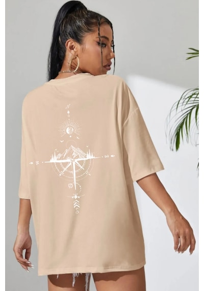 Unisex Yön Gösteren Baskılı Tasarım Tshirt Bej