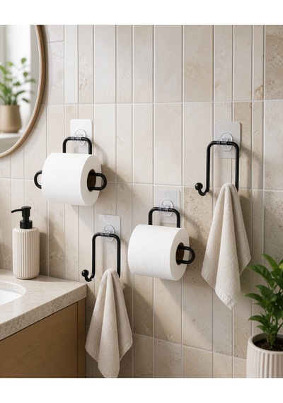 Yapışkanlı Banyo Düzenleme Seti 2 Rulo Tutucu 2 Havlu Askılığı Çok Renkli