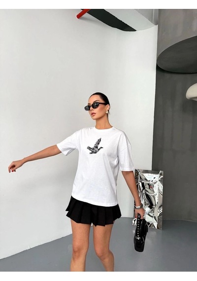 Kadın Baskılı T-shirt Kısa Kol Bisiklet Yaka Regular Fit Yazlık Tişört - Beyaz