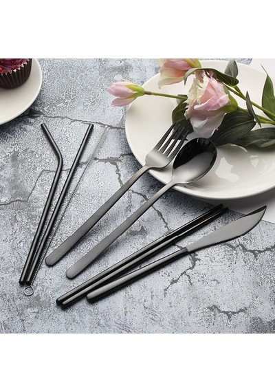 Valkyrie 8 Parça Çantalı Yolculuk Çatal Bıçak Kaşık Pipet Chopstick Seti Kamp Okul Ofis Tatil Paslanmaz Çelik Siyah Siyah