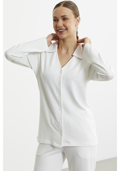 Sementa Gömlek Model Nakışlı Pijama Takım - Ekru Ekru