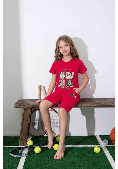 Kız Çocuk Mini Desenli Kırmızı Şortlu Pijama Takımı-1311 Kırmızı