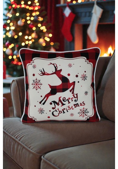 Kırlent Kılıfı Yılbaşı Temalı Merry Christmas Geyikli 45x45 Raşel Örme Kadife Dijital Baskı Beyaz Biyeli Çok Renkli