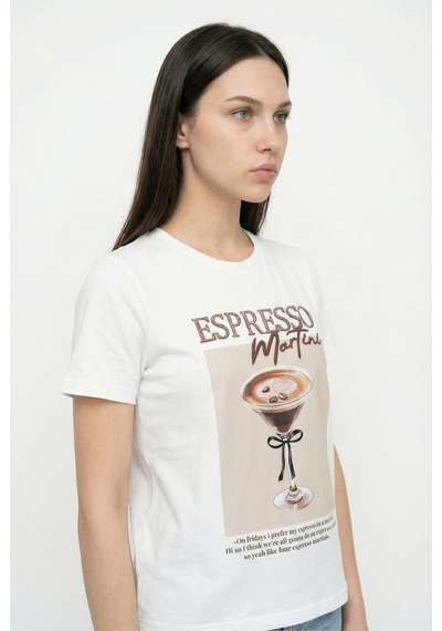 Quzu Espresso Nakışlı Baskılı Oversize Tişört Ekru