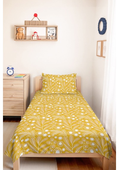 Sarı Çiçekli Botanik Tek Kişilik Pike Takımı - Beyaz Modern Floral 160x220 Cm Kapitone Yatak Örtüsü Mumlu Meşe Yankısı