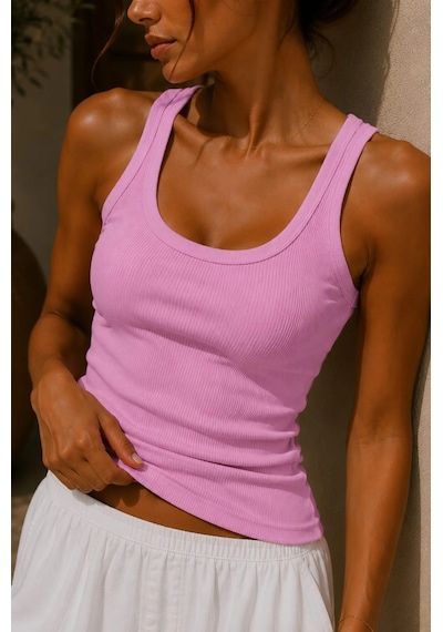 Bb Butik Basic Soft Cotton Fitilli Pamuk Basic Atlet Vücuda Oturan Kalıp Md3571 Pembe